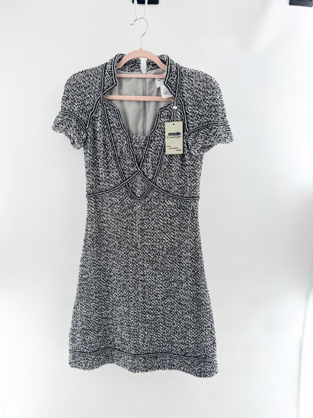 Chanel Short Sleeve Tweed Mini Dress Black White Women's Size 38 FR / US 6